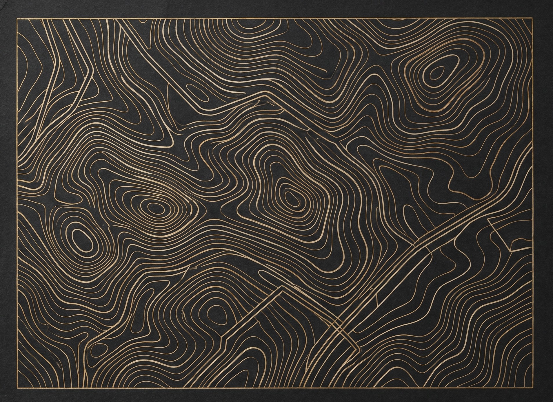 Abstract engraved contour-line pattern in brass gold on charcoal, evoking a systems map of interconnected pathways